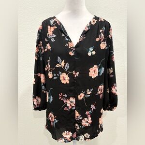 Pleione Black Floral Blouse Size M